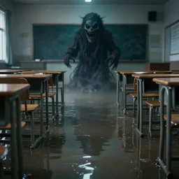 photo of a classroom, the floor is flooded with one meter deep water. in the background there is a scary dark mysterious monster!!!!!!!!!!! eerie