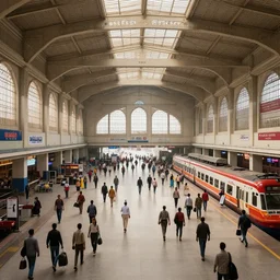 cinematic movie scene, establishing shot, precise architectural rendering, interior of an india railway station, bustling with people, detailed illustration, sharp focus, concept art, unreal engine, octane render, aesthetic