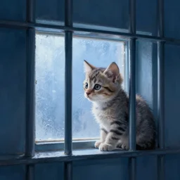 a cinematic painting of an kitten inside of jail cell looking out of a small frosted window, beautiful lighting, high depth, ultra realistic, artistic, by gregory crewdson, blue color theme
