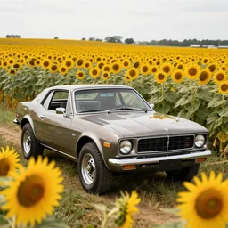 A photograph of an AMC Gremlin in a field of sunflowers.