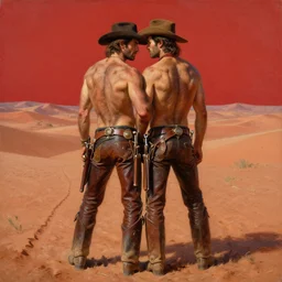 a homoerotic painting, greg rutkowski, j. c. leyendecker of two attractive hairy cowboy gunslingers in love standing back to back | bandoliers, shirtless, leather clothing | red desert background | natural lighting, path traced, highly detailed, high quality, digital painting | by tom of finland, alphonse mucha, clyde aspevig | trending on artstation