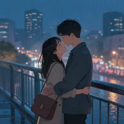 hugging the love of your life in the rain at night in a modern chinese city on a bridge, volumetric lighting, realistic illustration, perfectly shaded, soft painting, dreamlike, moody lighting, artstation
