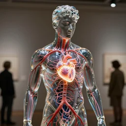 a statue of a young fit man made of transparent glass, showing a complex detailed blood system inside, glowing heart, by philippe starck and victoria hagan, cinematic lighting, soft ambient light, detailed digital photography by rutkovski and beksinski, masterpiece, gorgeous, 4 k