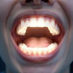 a dentist's view of a wide open mouth with a lot of teeth. the teeth are glowing with an unknown holy presence.