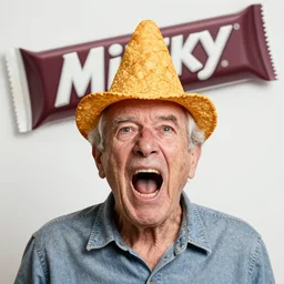 an elderly man screaming, hat constructed from nachos, milky way background, astrophotography, bold natural colors, national geographic photography, masterpiece, 8 k, raw, unedited, symmetrical balance