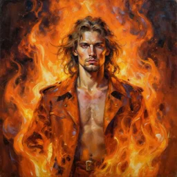 abstract painting of man engulfed in flames, handsome. Stubble. by craig mullins, featured on artstation. Portrait. Soviet era pose. Orange. Pain. Long hair