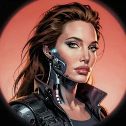 hyper detailed comic illustration of a cyberpunk Angelina Jolie, cybernetics on his face, by Android Jones intricate details, vibrant, solid background, low angle fish eye lens