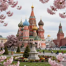 photo of japanese sakura garden in the center of moscow with christian temple and kremlin on the background, sony a 7 r