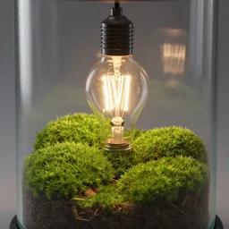 terrarium on display, moss, light bulb, photorealistic, close up, rendered in cinema 4 d, cgsociety, octane render, vray tracing