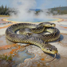 oversized snake in a hotspring at yellowstone national park, highly detailed oil painting, featured on artstation