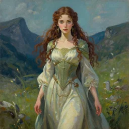 celtic scifi druid of the highlands, wearing a lovely dress. this oil painting by the award - winning mangaka has an interesting color scheme and impeccable lighting.