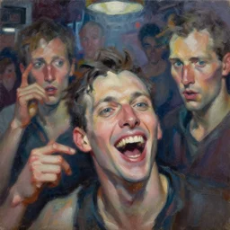 highly detailed expressionist oil painting of cyberpunk bar full of people, detailed faces, close up man laughing, expressive, impasto, pastel shades, rough canvas textured, dynamic pose, top lighting, loose brush strokes, perfect face, hyper detailed face, digital painting, artstation, concept art, hyper detailed eyes, art by sam spratt and peter mohrbacher and james jean