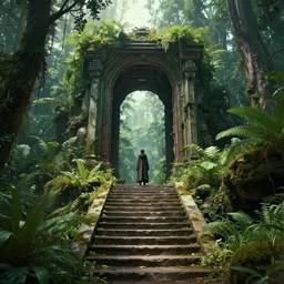 stairs leading to a derelict portal in a middle of a lush futuristic forest, alien world seen through a portal, person in a cloak standing in front of a portal, daylight, cinematic lighting, syd mead, john harris