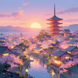 a colorful glowing heavenly japanese city, sunset, moist, pastel, artstation, digital art.