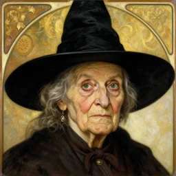 granny weatherwax, an old lady, a witch, with a sharp face and a piercing expression. she is dressed in a black witch hat. beautiful painting with highly detailed face by alphonse mucha