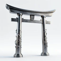 3 d photographic render of a deconstructed torii gate sculpture, chrometype, made of liquid metal, neotribal with thorns and thunders, cyberpunk japanese temple, raytraced, hyper realistic, volumetric lightning, 8 k, by zhelong xu, ouchh and and innate studio
