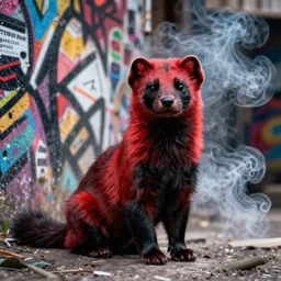 photo ( far _ shot ), furry _ fandom _ fursona ( red - and - black, weasel - ferret - stoat ), graffiti _ background ( smoke ), medium ( spray _ paint, favela _ wall )