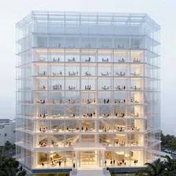 a completely transparent hotel. you can see many people inside through the transparent floors and walls