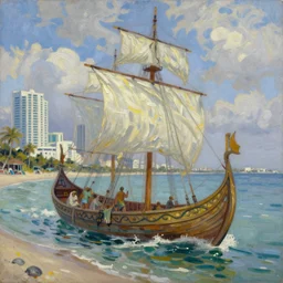 oil painting of a viking longship invading south beach miami, light scatter, van gogh