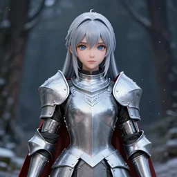 portrait focus of knight beautiful 3D anime girl, silver armor wearing, dark forest background, snowing, bokeh, inspired by Masami Kurumada, digital painting, high contrast, unreal engine render, volumetric lighting, high détail