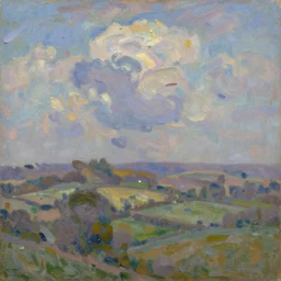 oil paint impasto reliefs sussex rolling downs atmospheric, evening light, cumulus clouds, some splattered paint, in the style of monet and frank auerbach
