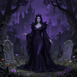beautiful woman, Queen of the ghosts, old cemetery, castle in the background, trees, creepers, beautiful flowers, night, purple color,  colorfully, full body shot, detailed illustration, digital art, overdetailed art, concept art, Greg Rutkowski, trending on artstation