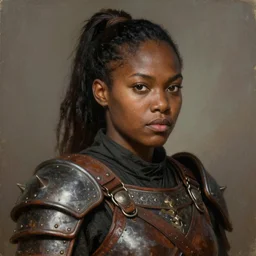 portrait painting of a round black warrior woman with a ponytail wearing old leather armor, sharp focus, award - winning, trending on artstation, masterpiece, highly detailed, intricate. art by rebecca guay