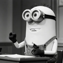 a minion as an authoritarian leader giving a speech, black and white photography, 1 9 6 0 s, historical, high quality