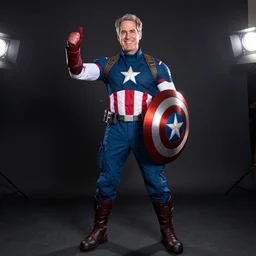 george w bush cosplaying as captain america, thumbs up, dragoncon, flash photography, full length, full resolution, 3 5 mm, f / 2. 8