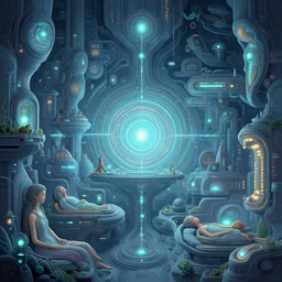 high depth ~ collective civilization ~ calm ~ healing ~ resting ~ life ~ hybrids ~ scifi ~ glowing lights!! ~ published concept art ~ mixed medias ~ image overlays ~ sharp focus ~ thin glowing wires ~ winning illustration ~ art by greg rutkowski and alphonse mucha ~ singularity!!! ~ 3 6 0 projection