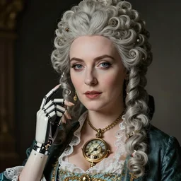 a stoic, beautiful female vampire. Gothic, French Aristocrat. Powdered wig, artificial prosthetics. Intricate Clockwork.