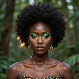 beautiful african queen portrait, ( ( head shot ) ), sharp focus, neo classic, bloom, movie still, sony, symmetrial, makeup, sephora, loreal, green highlights, lens flare, afro - futurism, studio light, octane render, maybelline, model, forest, traditional, vsco, bokeh, 8 k