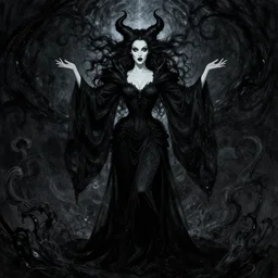style of arthur rackham : : gorgeous willa holland : : evil witch, swirling black magic, black dress : : symmetrical face, symmetrical eyes : : full body pose : : gorgeous black hair : : magic lighting, low spacial lighting : :