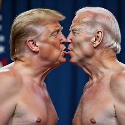 Shirtless Donald Trump and shirtless Joe Biden intensely making out, Realistic, 4k Resolution, 8k Resolution, Detailed, Very Detailed, Highly Detailed, HD Quality, Digital Art, Trending on Artstation