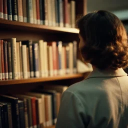 a 3 5 mm photo from the back of a woman standing in front of a bookshelf at a library on a college campus in the 1 9 5 0 s, bokeh, canon 5 0 mm, cinematic lighting, dramatic, film, photography, golden hour, depth of field, award - winning, 3 5 mm film grain, retro, film, kodachrome, closeup