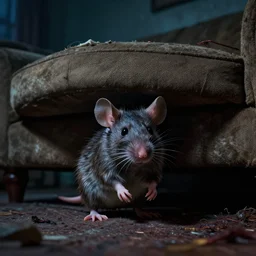 cinematic colorful horror artwork by beksinski, stephen king, wlop ; real life full portrait of ugly furry mouse under couch at living room ; macro scale ; ground level wide shot low angle ; night ominous scary, 8 k hdr, creepy intricate ; volumetric dramatic lighting, insanely detailed, haunting