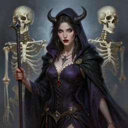 beautiful female necromancer, fantasy, portrait, highly detailed, digital painting, skeleton, trending on artstation, concept art, sharp focus, illustration, art by artgerm and nixeu and greg rutkowski and magali villeneuve