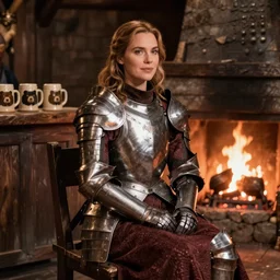 kate beckinsale weared in full plate armor, sit in fantasy tavern near fireplace, behind bar deck with bear mugs, medieval dnd, by Boris Vallejo