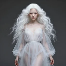professional digital art portrait of a wonderful symmetrical albino goddess with a fuffy white hair and dressed with a majestic sem transparent cotton dress