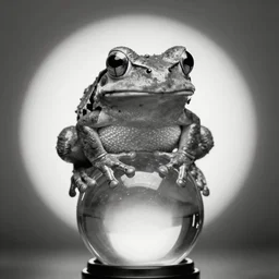 Monochrome photo of a big frog. The frog has 10 eyes. The frog sits on top of a backlit glass sphere