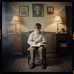 kodak portra 4 0 0, wetplate, 8 mm extreme fisheye, award - winning portrait by britt marling, a handsome 8 yo boy in 1 9 2 0 s cloth 1 9 2 0 s hair sitting on a chair, doing his homework in a 1 9 2 0 s room, ghost, picture frames, shining lamps, dust, smoke, 1 9 2 0 s furniture, wallpaper, carpet, books, muted colours, wood, fog,