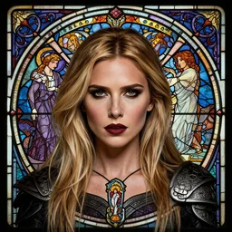 masterpiece head-on symmetrical centered portrait, Nicola Peltz Beckham as a Gothic Warrior, blonde hair, gothic stained glass style, tarot card style, elegant, distant, in the style of Edgar Maxence and Ross Tran and Zdzisław Beksiński and Michael Whelan and Mucha and Gustave Doré, specular highlights, 8k, octane render