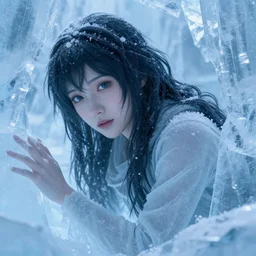 a beautiful anime woman found frozen in ice, fantasy, extreme detail, photorealism, octane render, cinematic lighting.