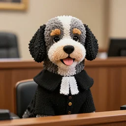 a closeup photorealistic photograph of a smiling knitted bernedoodle judge dog dressed in a black gown, presiding over the courtroom. indoors, professional capture, well lit shot. this 4 k hd image is trending on artstation, featured on behance, well - rendered, extra crisp, features intricate detail, epic composition and the style of unreal engine.