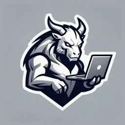 stylized cyberpunk minotaur logo holding laptop on right