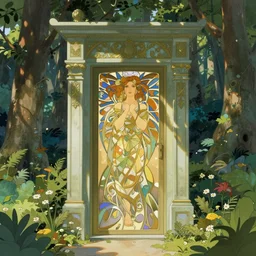 highly detailed doorway in the forest finely detailed illustration animation key frame alphone mucha ilya kuvshinov satoshi kon