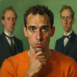 portrait of a brown man who stares intently, very thoughtful, yet playful, but he can't do it, because he's not sugary, highly detailed oil painting, by francis bacon, edward hopper, adrian ghenie, glenn brown, soft light 4 k, orange and green colour palette, cinematic composition, cinematic lighting, high quality octane render, masterpiece