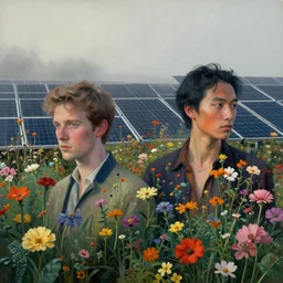 portrait of field solar panels flowers growing between, colorful, modern art deco, mads berg, christopher balaskas, victo ngai, low fog, fine texture, detailed, muted colors, dramatic lighting, dynamic composition, matte print, wide angle, moody, stippled light