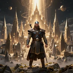 an ultra detailed mighty viking standing portrait in front of a highly detailed landscape of a big and structured city inpired by valhalla, big and structured valhalla city, viking heaven, god rays, inspired by norse mythology, portal to outer space, 4k digital art, octane render, trending on artstation, digital art,