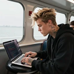 Justin Bieber riding inside of a ferry works on a laptop writing code
